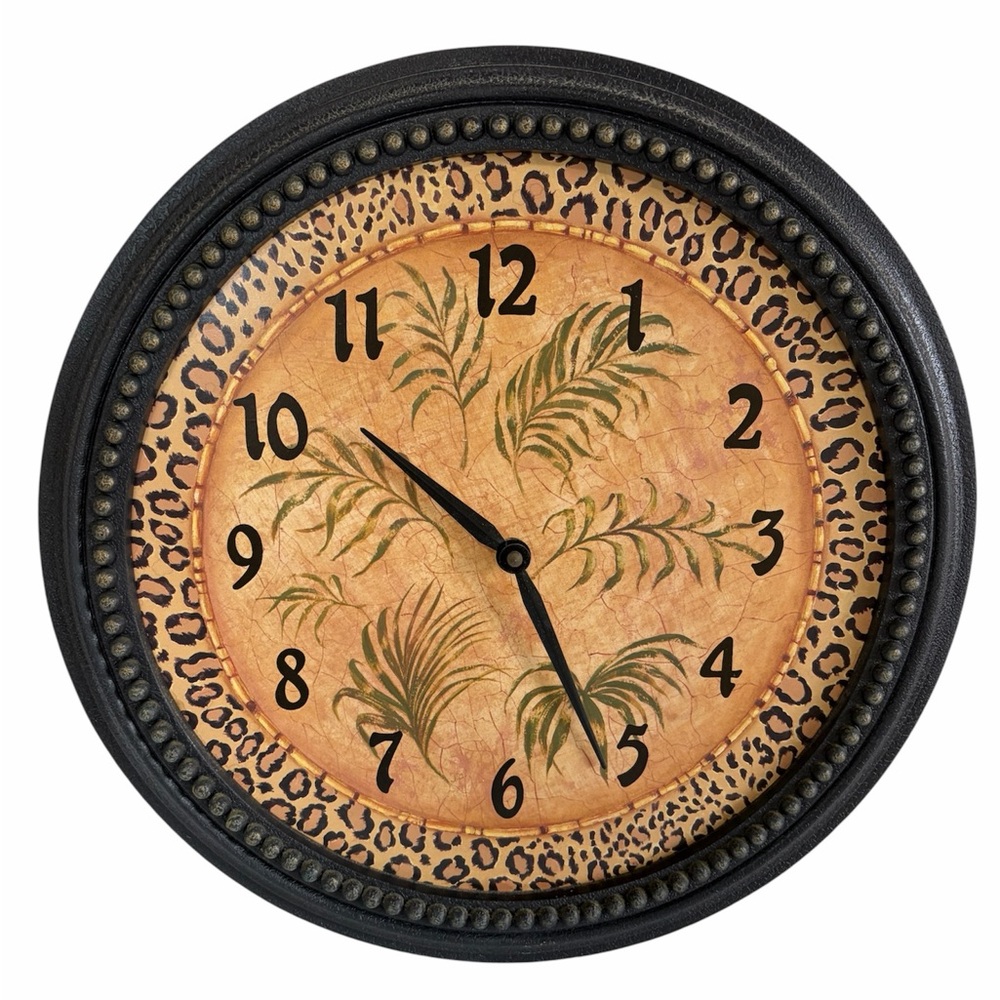 Home Interiors Wall Clock Palm Tree Leaves Cheetah Leopard Safari Jungle RARE VG - Picture 2 of 6